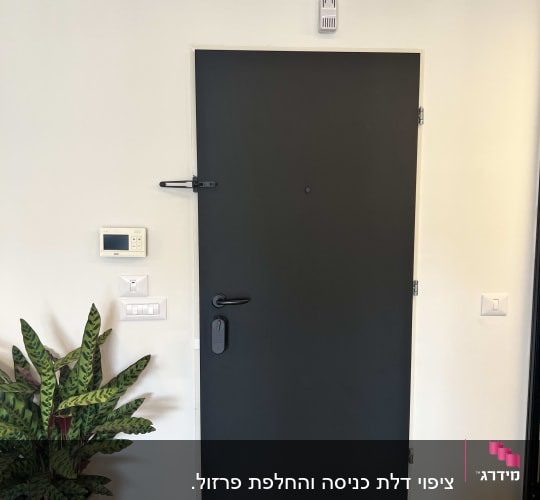 דלת מתכת כהה עם ידית ומנעול